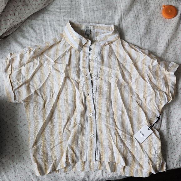 4/ $20 Yellow and Cream Striped Button-Up Shirt Cropped - Picture 1 of 5